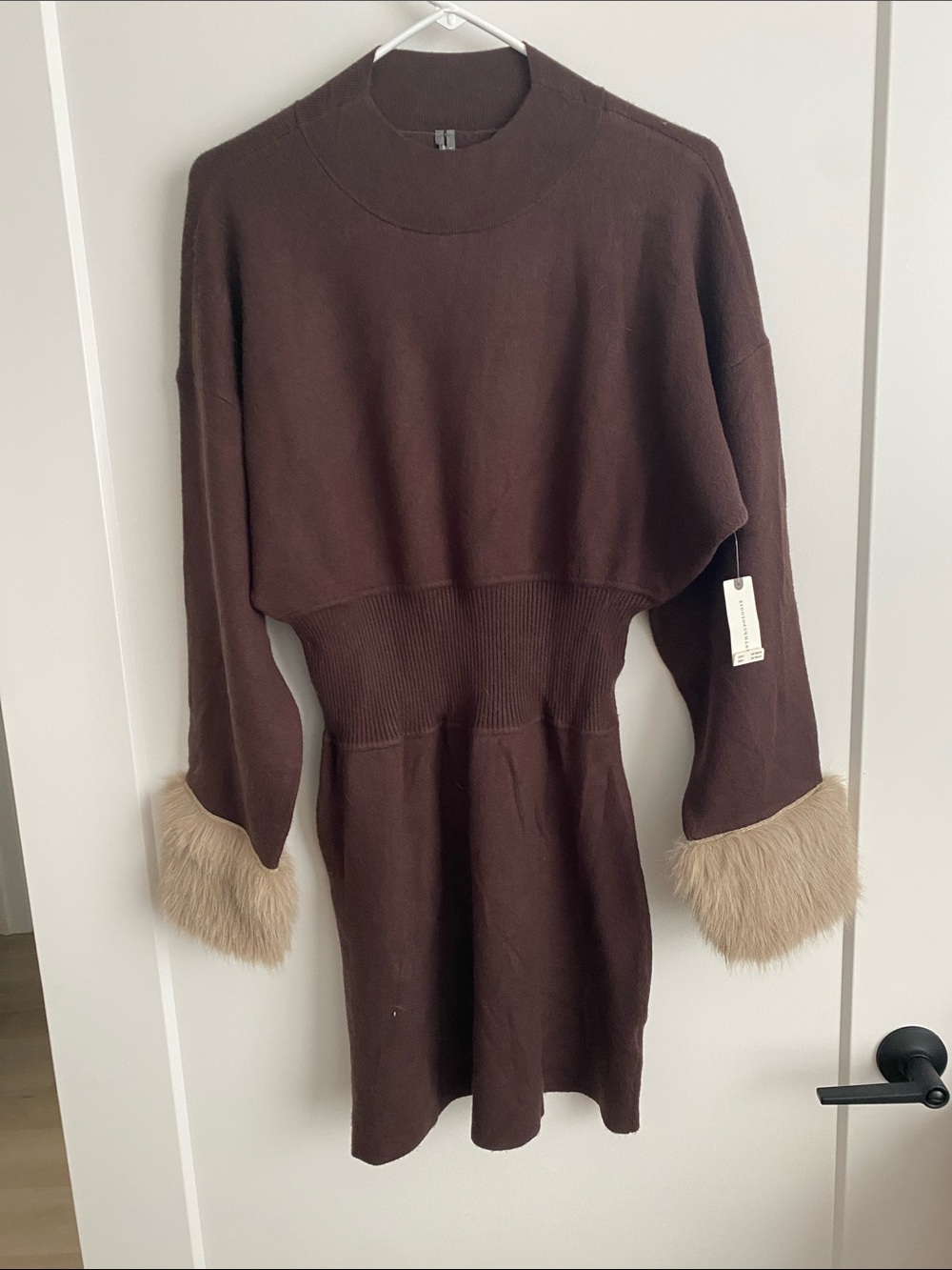 Anthropology- Women's Brown Knit Dress with Faux Fur Cuffs